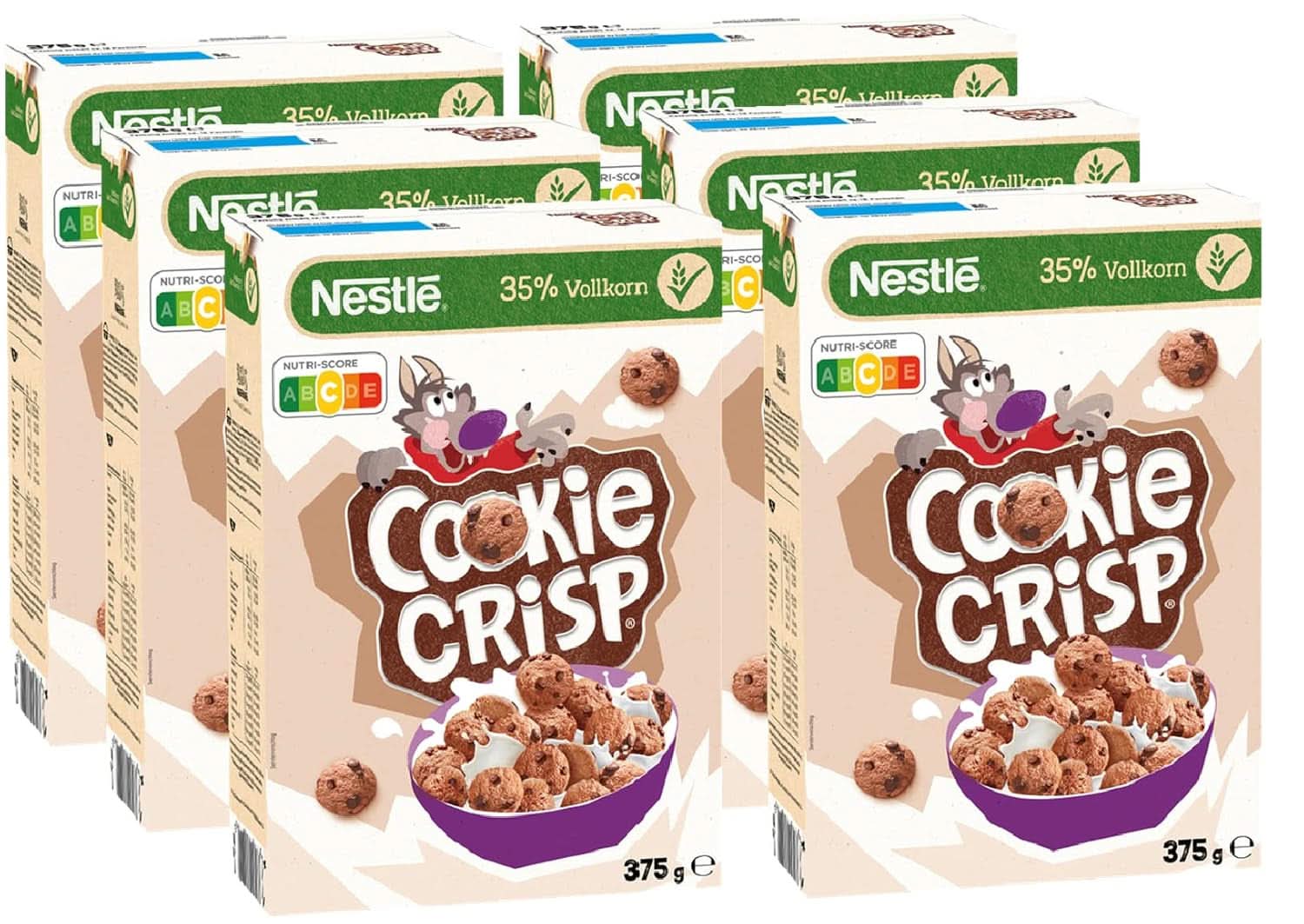 Cookie Crisp, produkty pełnoziarniste w formie ciastek na śniadanie dla dzieci, opakowanie 6 x 375 gramów Zestaw Cereale Naty Shop 6 x 375 gramów