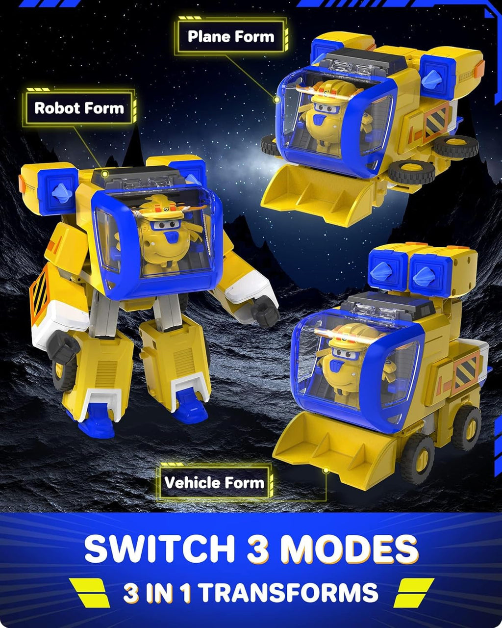 Super Wings EU750322 - Transforming New Robot Suit Donnie, Aprox. 23 cm figurină mare pentru copii, avion de jucărie transformabil și figurină robot, galben Action figures Naty Shop