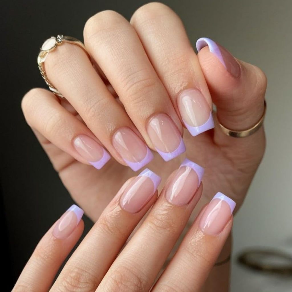 Unghii lungi cu vârf franțuzesc, aurii, cu sclipici, de lipit pe unghii lungi și pătrate, set unghii false cu vârf franțuzesc strălucitor, unghii artificiale pătrate pentru femei, 24 de bucăți