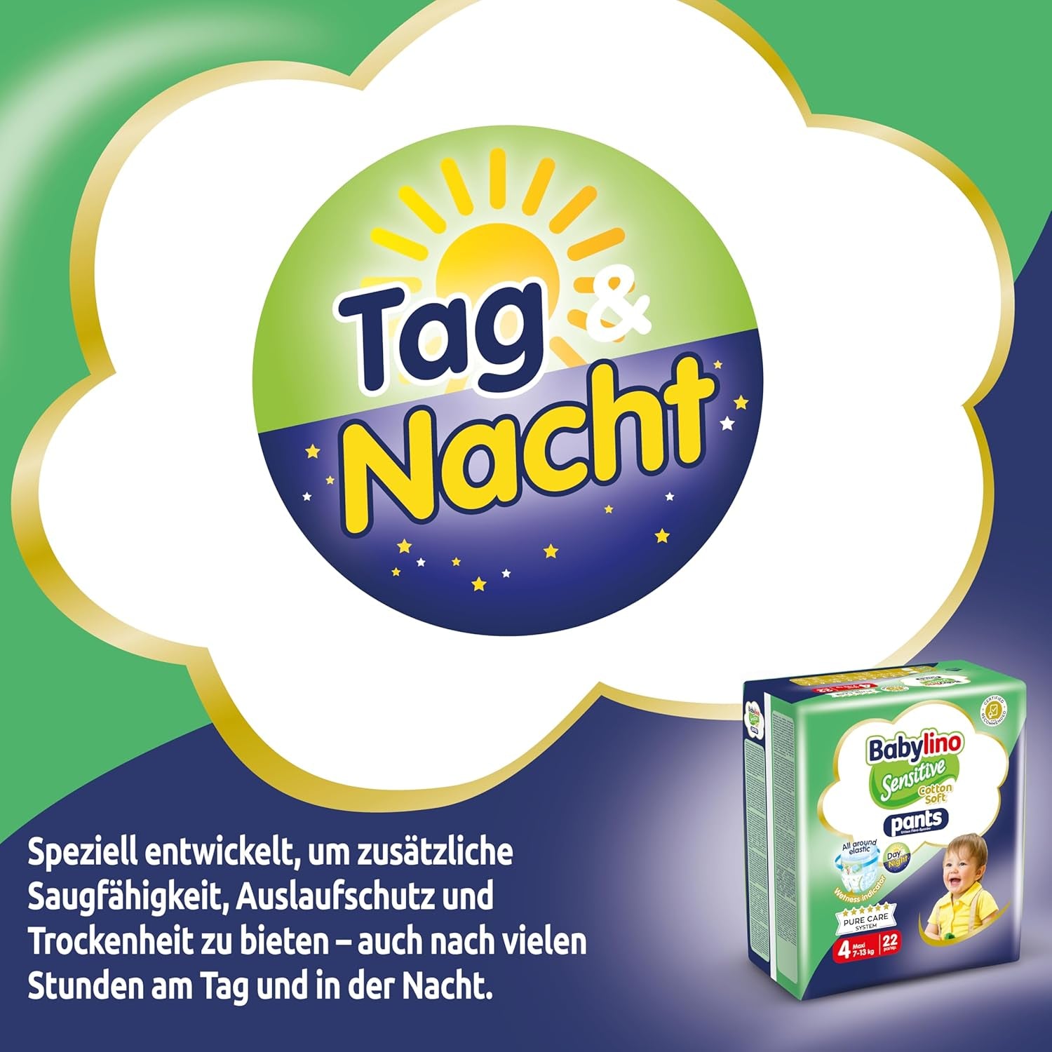 Pieluszki Sensitive Cotton Soft, rozm. 4, Spodnie Maxi (7-13 kg), 22 sztuki