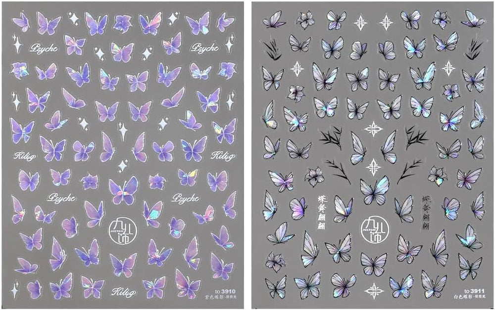 2 Blätter Schmetterling Nagelsticker Selbstklebend,Muschel Glitzer Nail Art Butterfly Nail Sticker Lila Grau Schmetterlinge Nagelaufkleber Relief Laser Butterflies Nagel Sticker Nageldesign Zubehör
