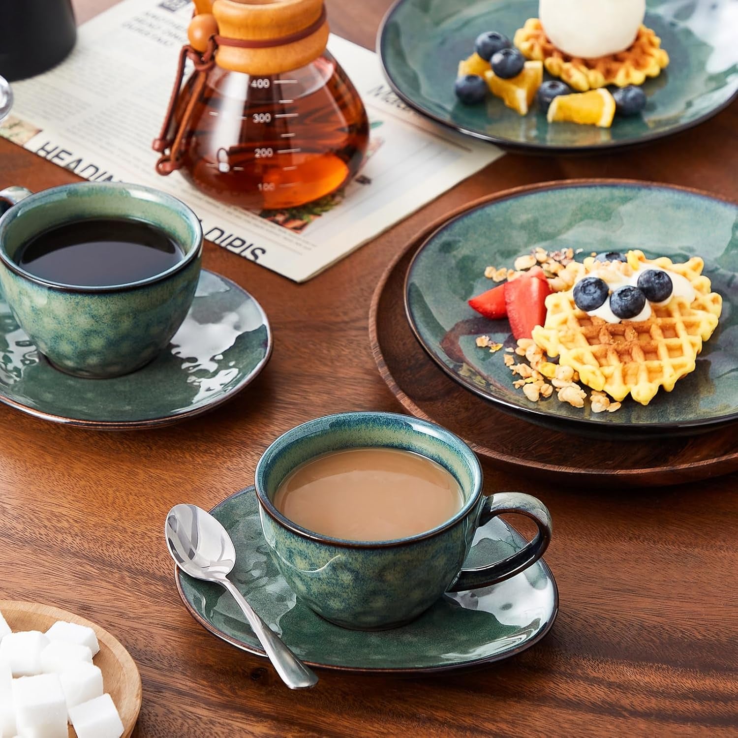 Serviciu de cafea Vancasso din gresie, set de cafea STARRY cu 12 piese pentru 4 persoane, include cești de cafea și farfurioare, aspect vintage