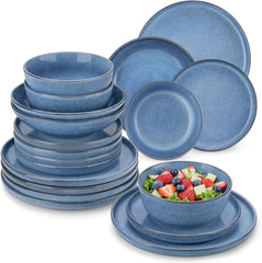 Steingut Geschirrset 6 Personen, vancasso ANYA Blau Teller Set Modern 24 teilig,Tafelservice mit Speiseteller, Suppenteller, Desserttellern, Schüsseln, Geschirr Set Spülmaschinen und Mikrowellenfest