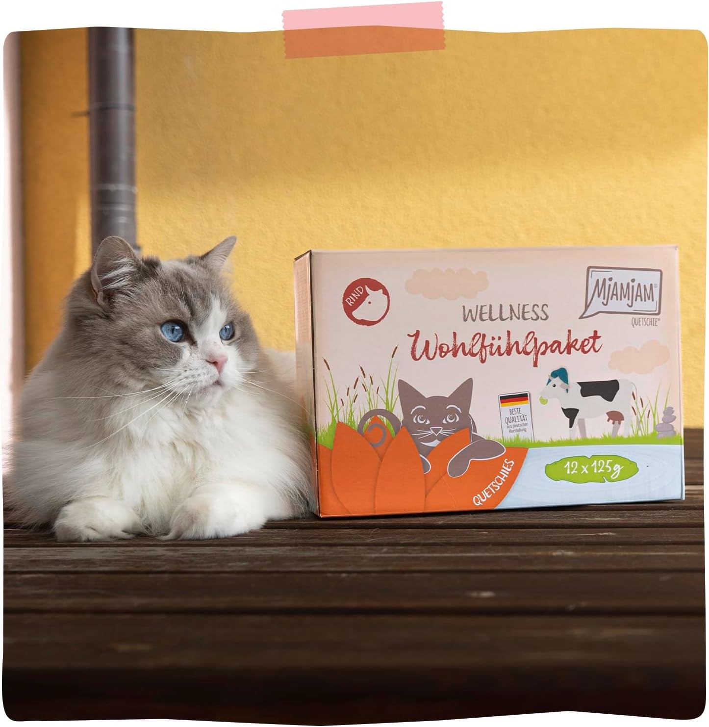 MjAMjAM – Hrană umedă premium pentru pisici - Pachet Wellness Vită, pachet de 12 (12 x 125g), fără cereale cu carne suplimentară