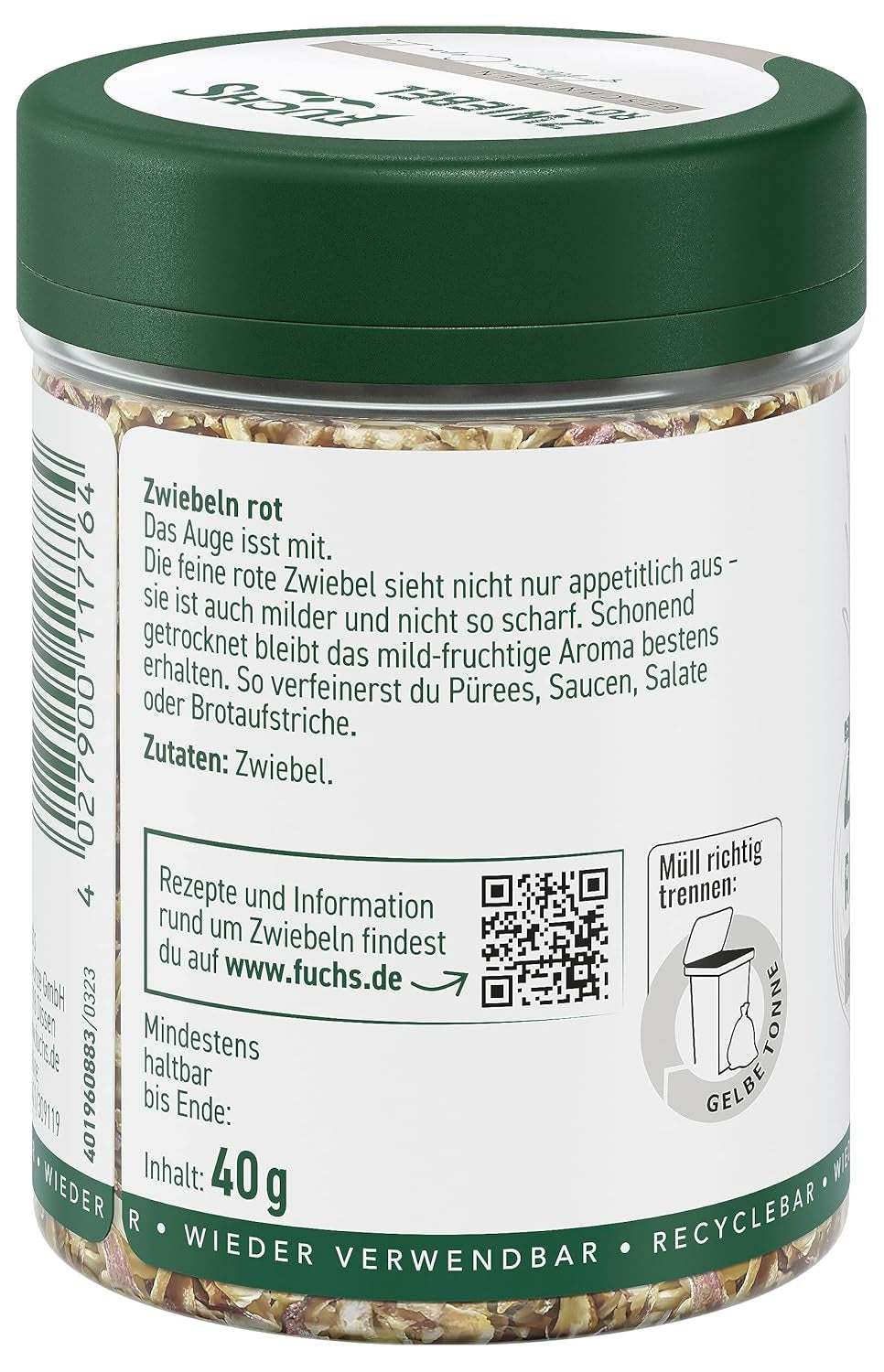 Fuchs Gewürze - Zwiebel rot geschnitten - Gewürz für Pürees, Salad oder Brotaufstriche - naturalne składniki - 40 g w wiederverwendbarer, recyclebarer Dawka