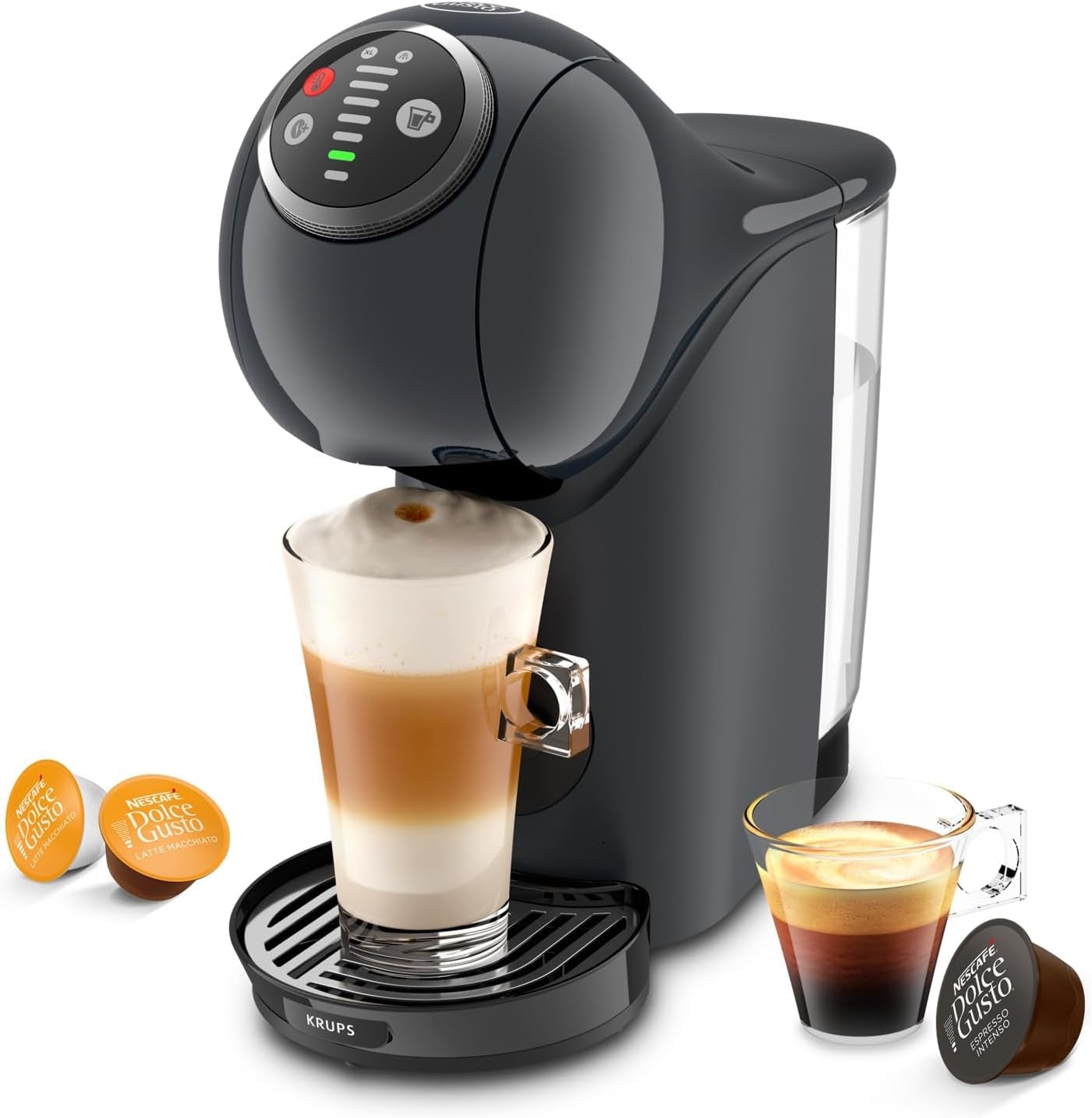 NESCAFÉ Dolce Gusto Genio S Plus de Krups, aparat de cafea compact cu capsule, capacitate 0,8 litri, 1500 wați, avertizare automată de detartrare, gri cosmic, KP340B