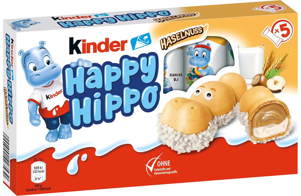 Kinder Happy Hippo Hazelnut - Specjalne chrupiące wafle z mlekiem i kremem z orzechów laskowych - Słodycze karnawałowe i Mardi Gras - 1 opakowanie zawierające 5 pojedynczych batonów po 20,7 g każdy