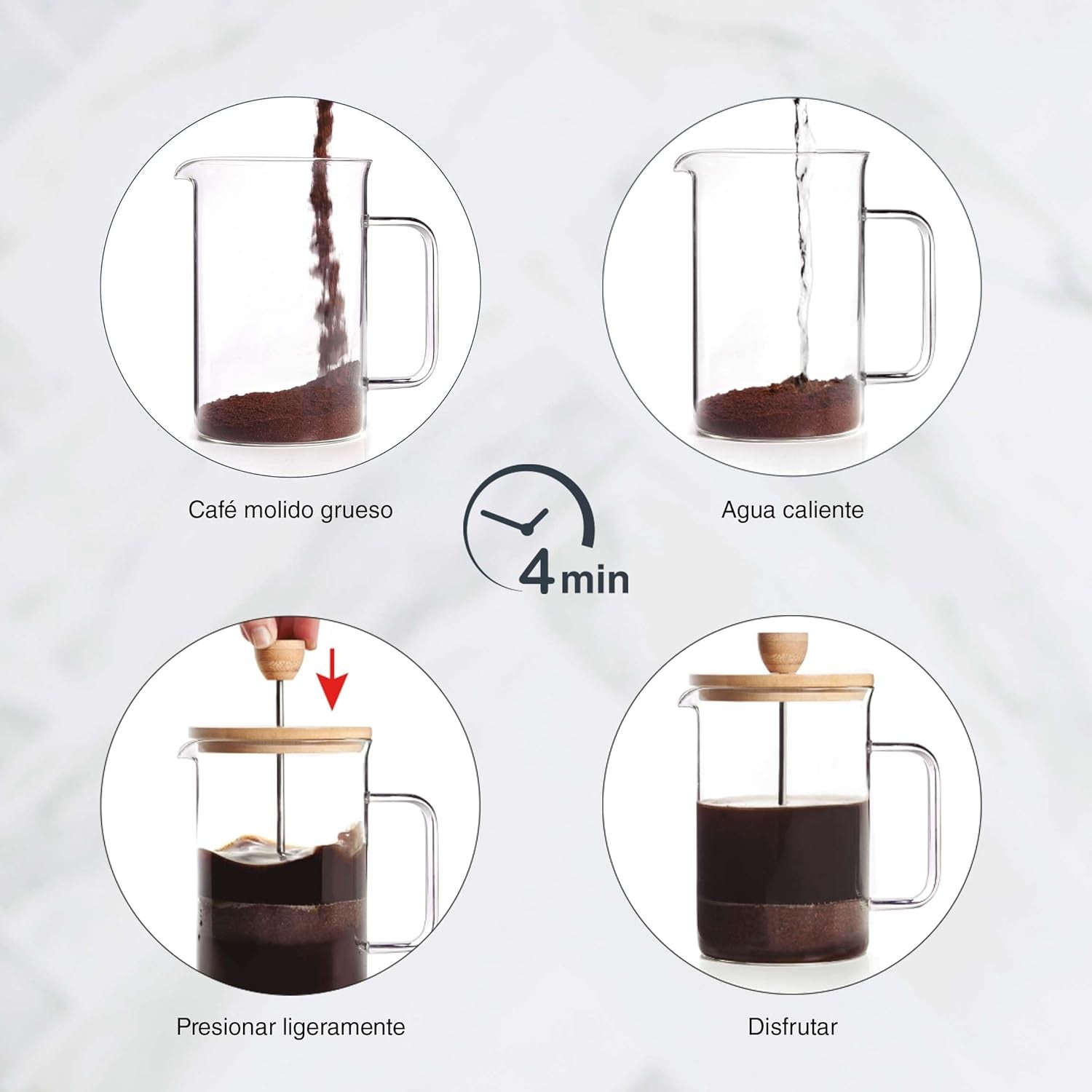Cafetieră franceză, presă de cafea, aparat de cafea cu piston, ibric francez pentru cafea filtrată, 3 cești, 0,35 l, oțel și lemn
