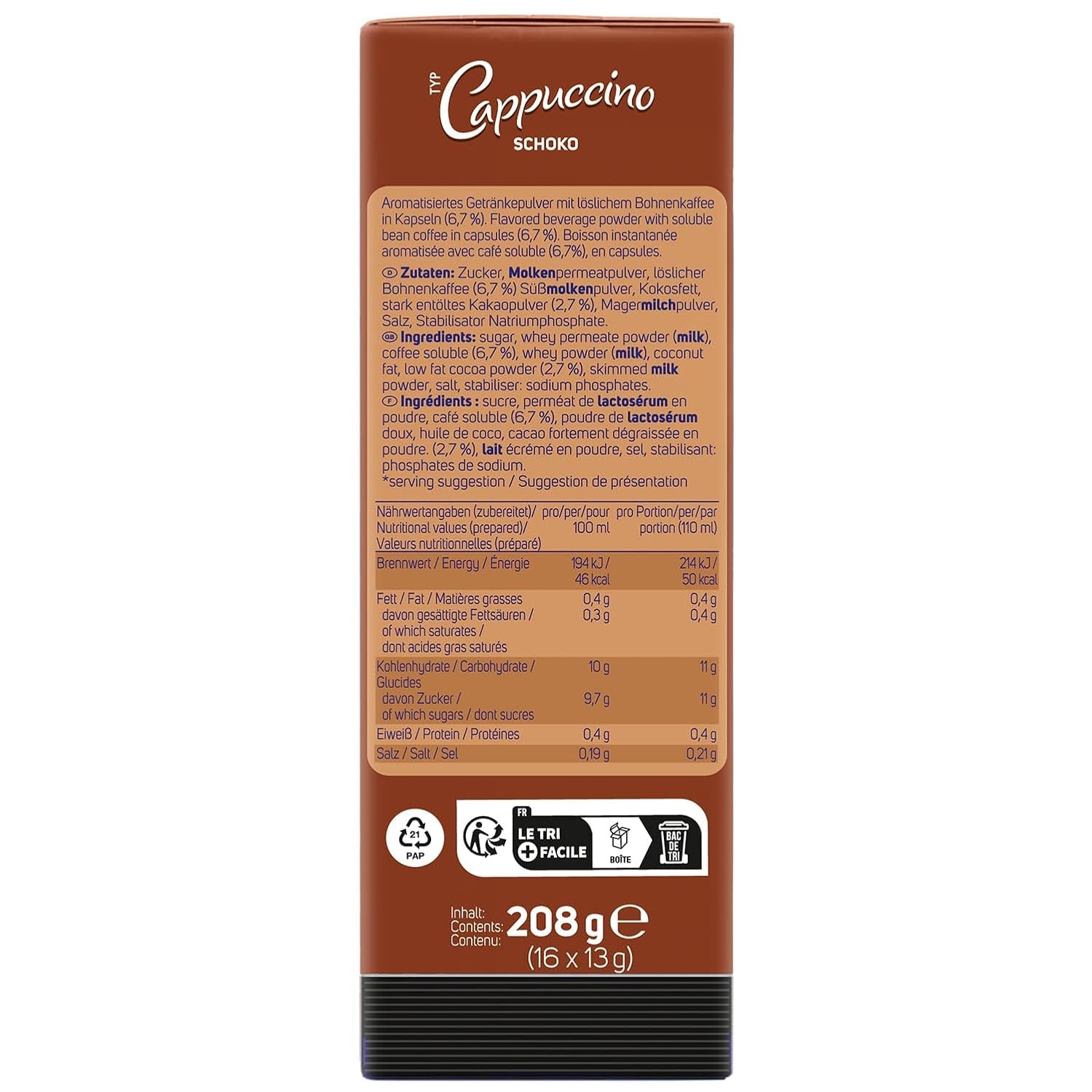 KRÜGER Cappuccino Schoko Kaffeekapseln, kompatibel mit K-fee und ALDI EXPRESSI* Kapselmaschinen, aromatisiertes Instantkaffee, 96 Kapseln