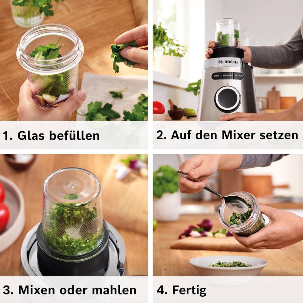 Mikser stojący Bosch Vitapower Serie 4 MMB6177S, Edelstahl-Klingen Made in Germany, 1,5 l Thermosafe Glasbehälter, 0,6 l To-Go-Flasche, Stopfer, Universalzerkleinerer, 30 000 U/Min, 1200 W, Silver Kitchen Naty Shop