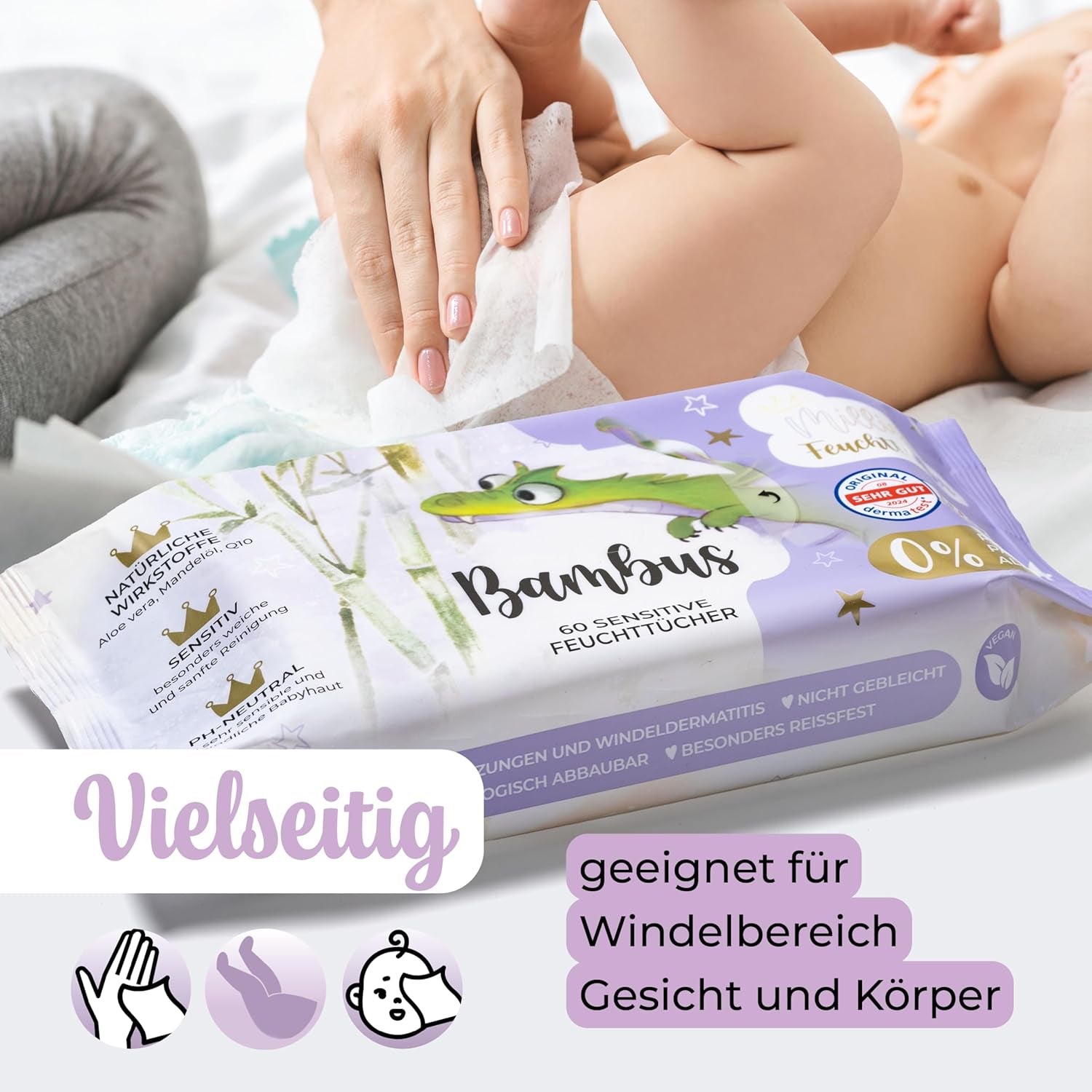Millis Bamboo Baby Sensitive chusteczki nawilżane do delikatnej skóry dziecka - 5 x 60 sztuk - Naturalne, delikatne i zrównoważone czyszczenie - Biodegradowalne chusteczki dla niemowląt, bez plastiku i alkoholu