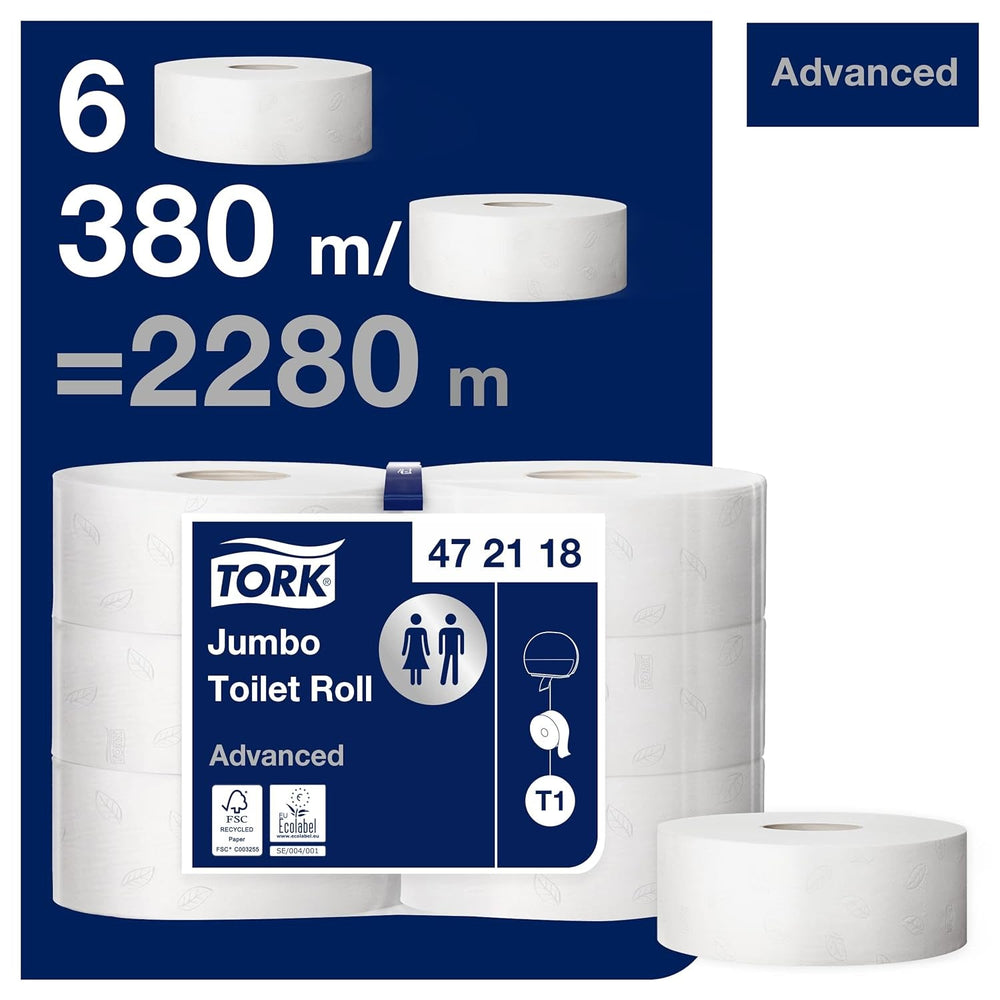 Hârtie igienică Tork Jumbo White T1, Advanced, 2 straturi, 6 × 380 M, 472118