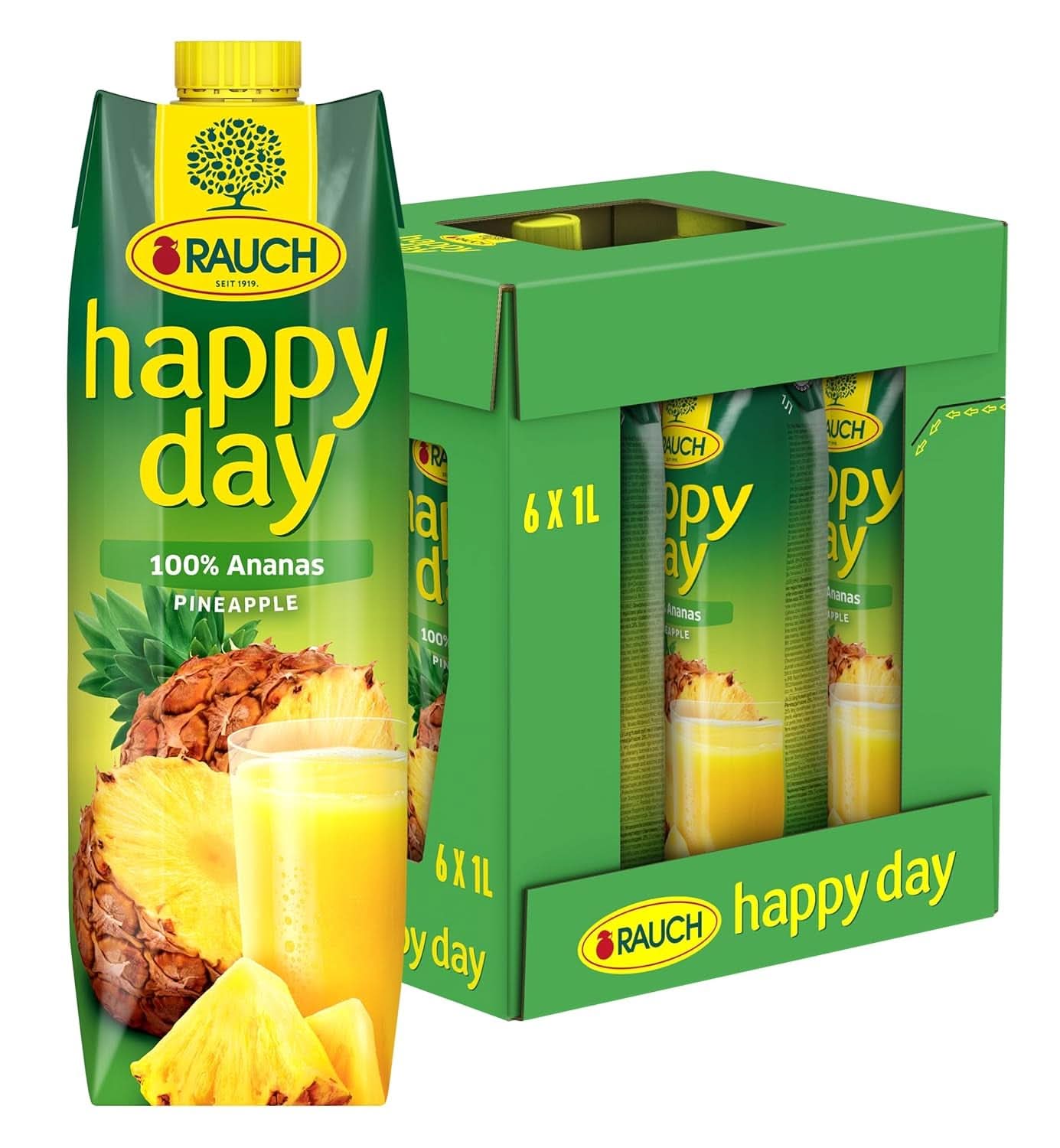 Rauch Happy Day Ananas | Eksplozja tropikalnych smaków | Wykonane w 100% z zagęszczonego soku ananasowego | 6 x 1 litr, Tetra Prisma Napoje bezalkoholowe Naty Shop