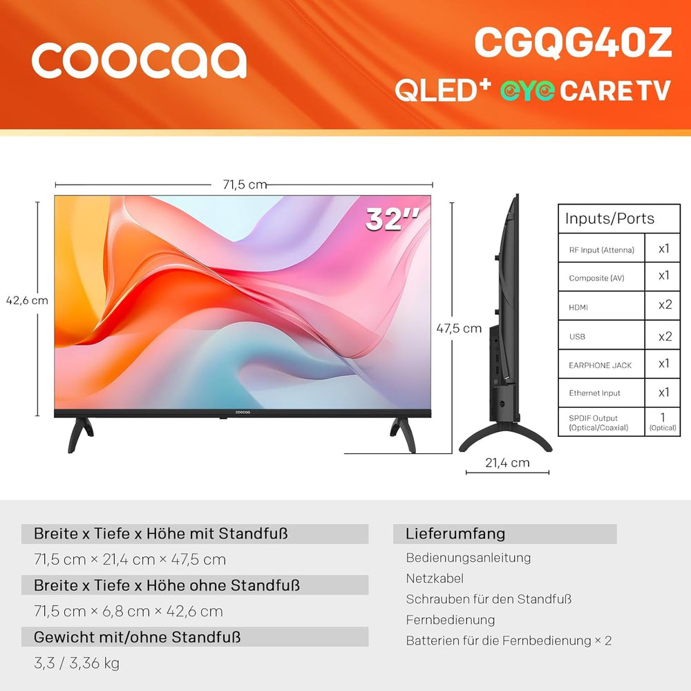 Televizor inteligent coocaa QLED 32 inch, 80 cm, televizor QLED compatibil cu Google TV, HDR10, Dolby Audio, Bluetooth 5.1, EyeCare, Google Cast, tuner triplu (DVB-T/T2/C/S/S2, CI+), 32CGQG40Z, model 2026