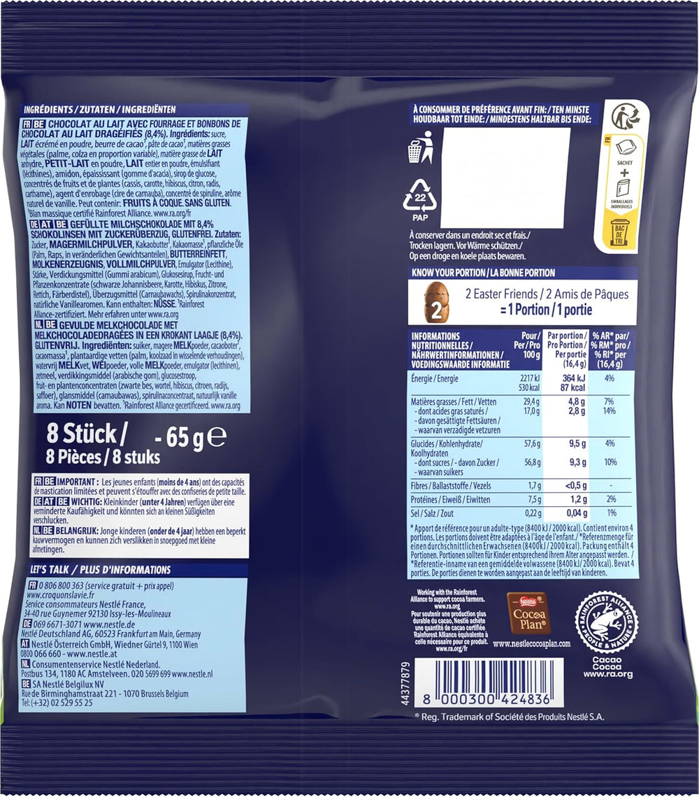 NESTLÉ SMARTIES Easter Friends, figurki o tematyce wielkanocnej, wykonane z delikatnej mlecznej czekolady z kremowym nadzieniem i kolorowych mini soczewicy z czekoladą SMARTIES, 1 opakowanie (1 x 65g)