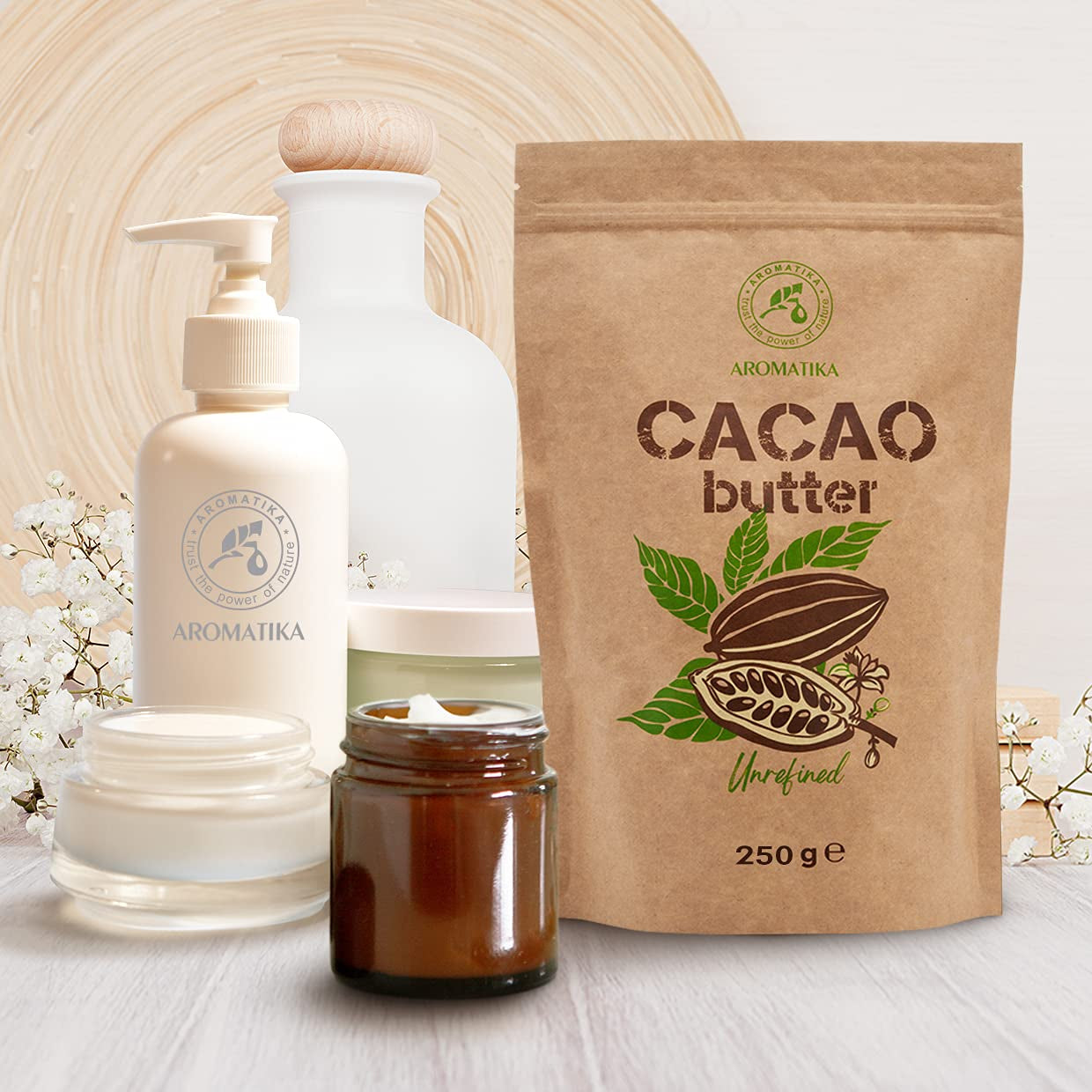 Kakaobutter - 250g - Theobroma Cacao - Surowe masło kakaowe - Masło Kakao w Stücken - Kaltgepresst - Unraffiniert - Rein und Naturlich - für Speisen und Hautpflege - Masło kakaowe