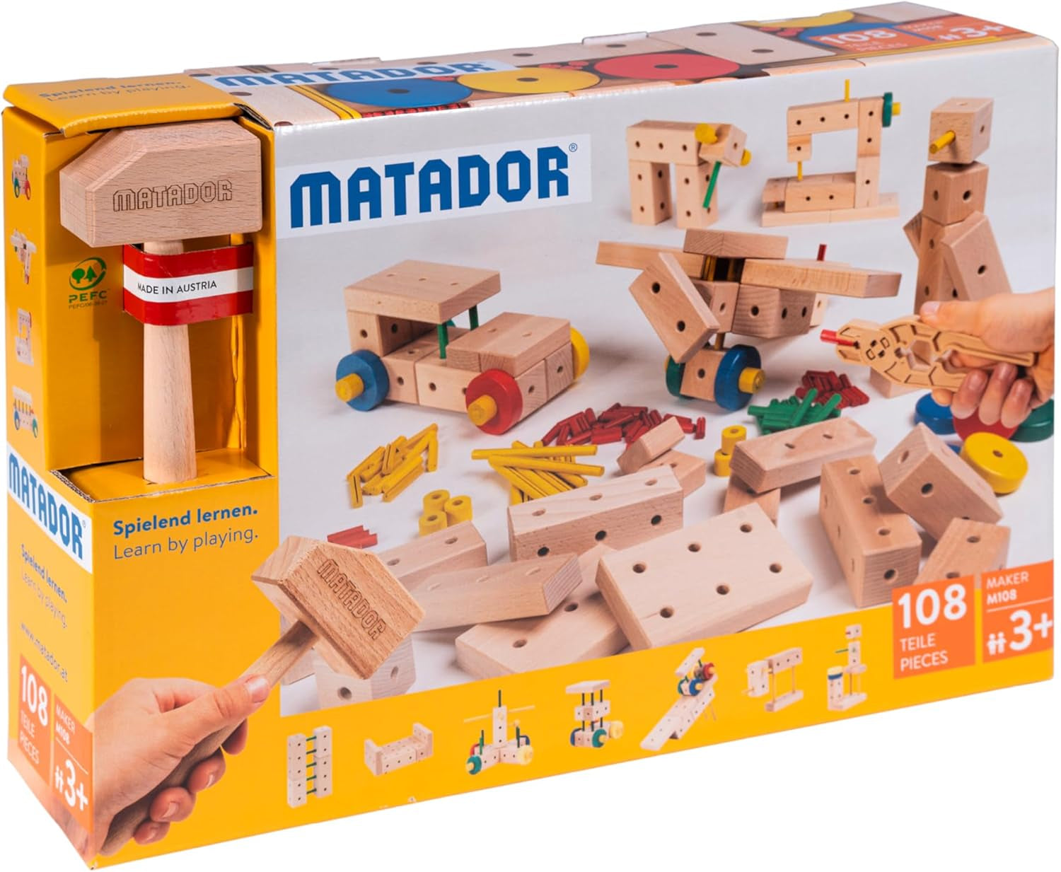 Matador Kinder Baukasten ab 3 Jahren 34-tlg. - Spannendes Holz Konstruktionsspielzeug zur Schulung von Kreativität und Feinmotorik, Bauspielzeug mit Stäbchen, Klötzen, Hammer & Zange