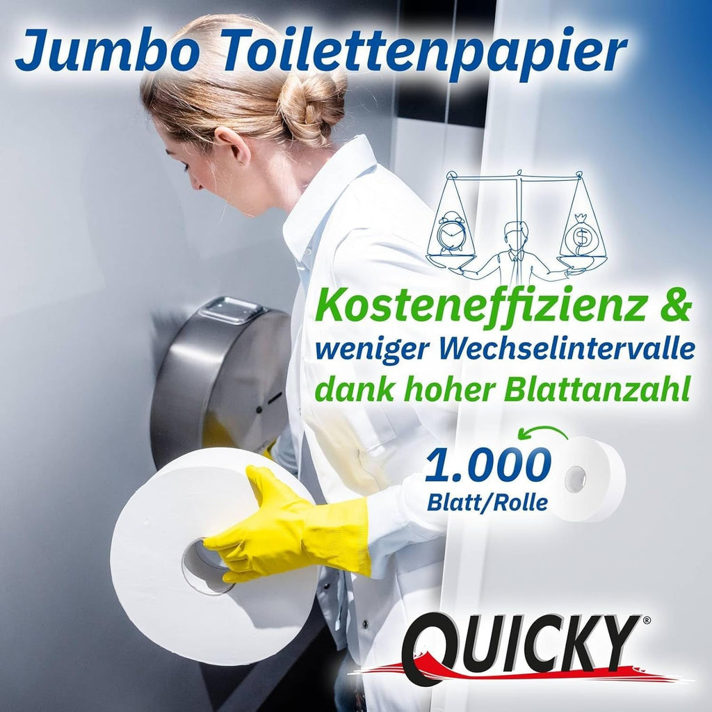 Hârtie igienică Quicky Jumbo 2 straturi, 25 cm Ø, alb strălucitor, relief cu puncte fine, 6 role - absorbantă și rezistentă la rupere pentru igienă maximă, ideală pentru instituțiile publice și industrie