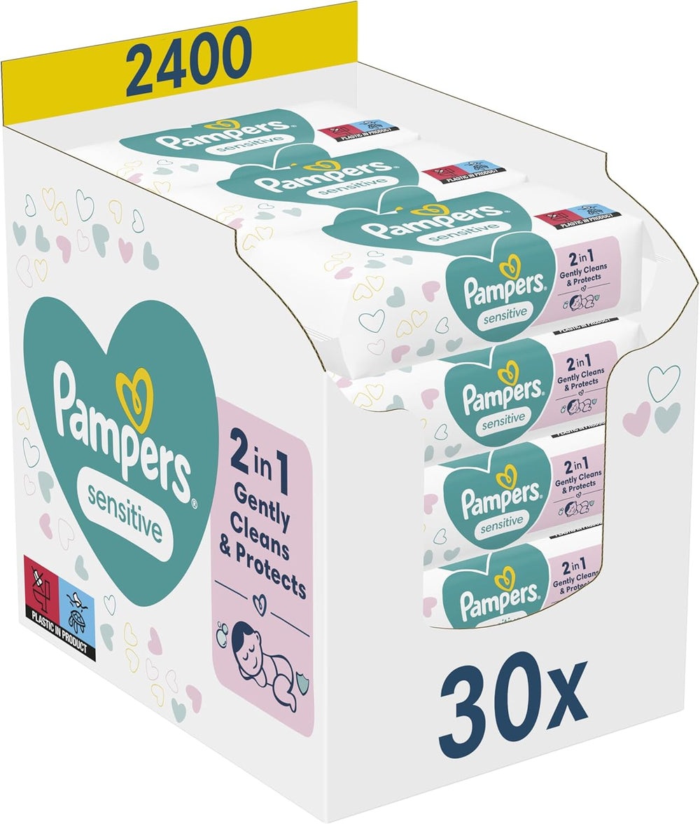 Chusteczki dla niemowląt Pampers Sensitive, 15 opakowań po 80 chusteczek, 1200 chusteczek dla niemowląt, delikatne oczyszczanie i ochrona skóry 2 w 1