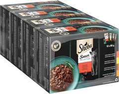 Hrană umedă pentru pisici Sheba Sauce Collection, în pliculețe porționate, pachet multiplu cu compoziție sărată, 4x12x85g