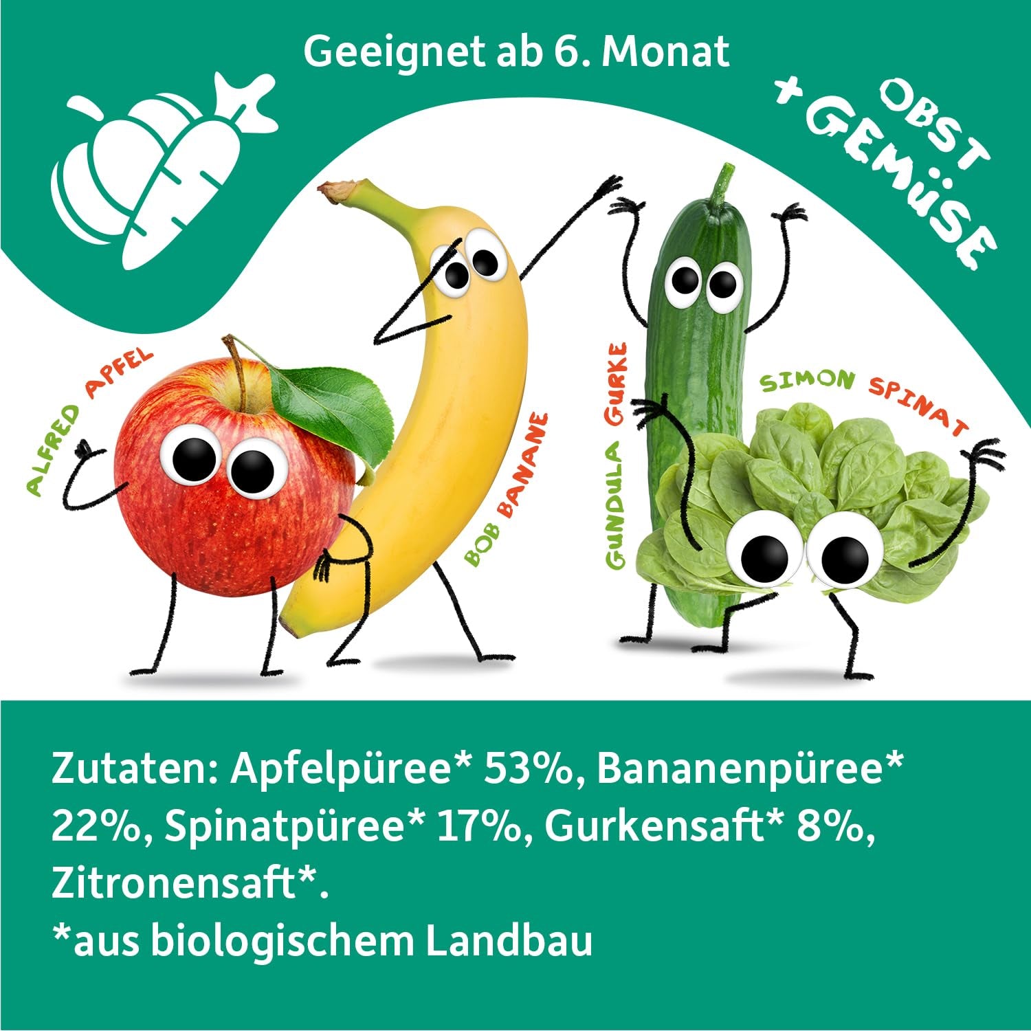 FRECHE FREUNDE Ekologiczne woreczki do wyciskania z jabłkami, bananami, szpinakiem i ogórkiem, puree owocowe i warzywa w wyciskanym woreczku dla dzieci od 6. miesiąca życia, wegańskie, opakowanie 6 szt. (6 x 100 g)