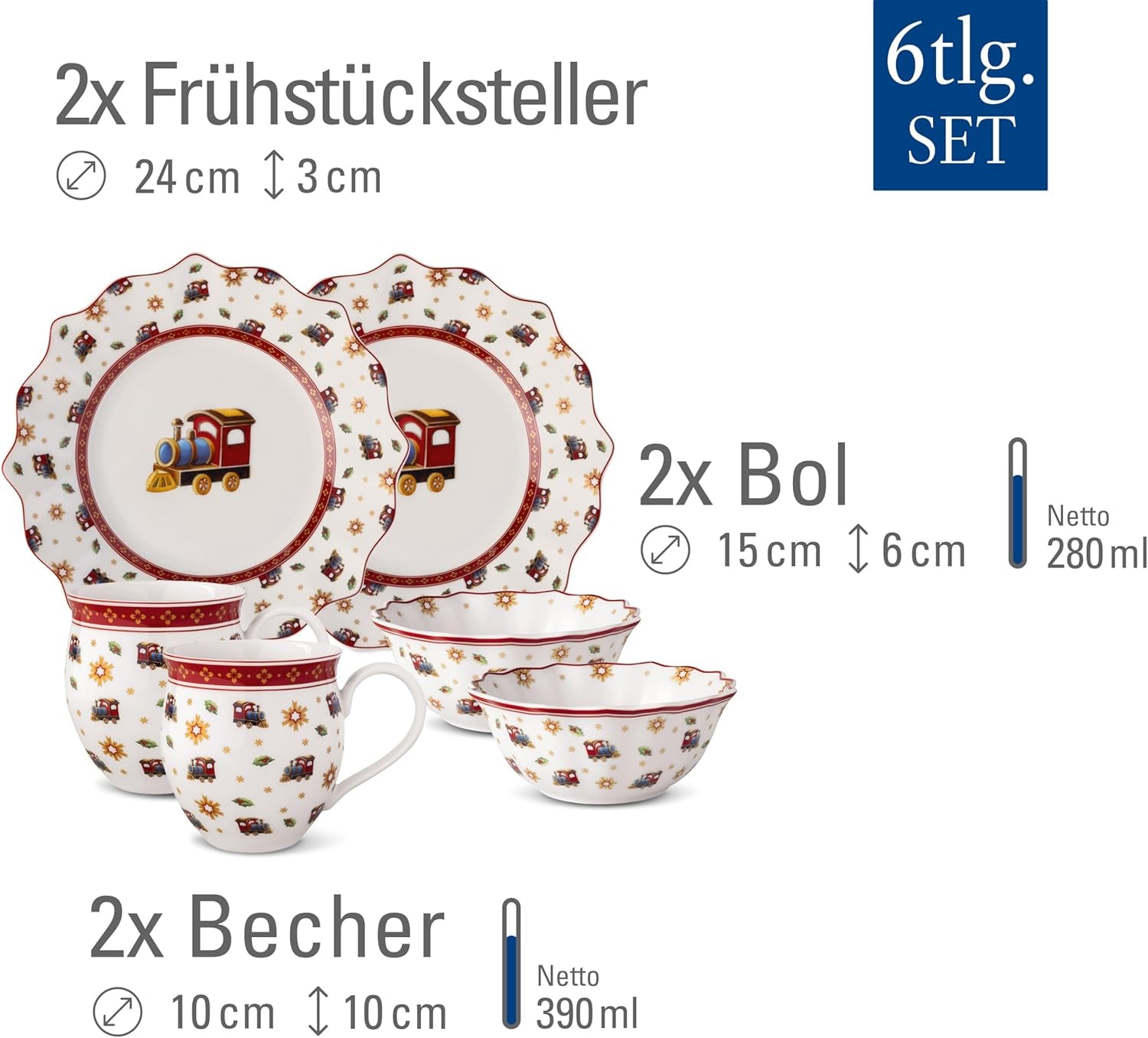 Villeroy & Boch - Set de mic dejun Toy's Delight pentru 2 persoane, Design Locomotivă, 6 piese, Colorat, Crăciun, Set de veselă cu farfurii, căni și boluri pentru micul dejun, Veselă de Crăciun, Porțelan Premium