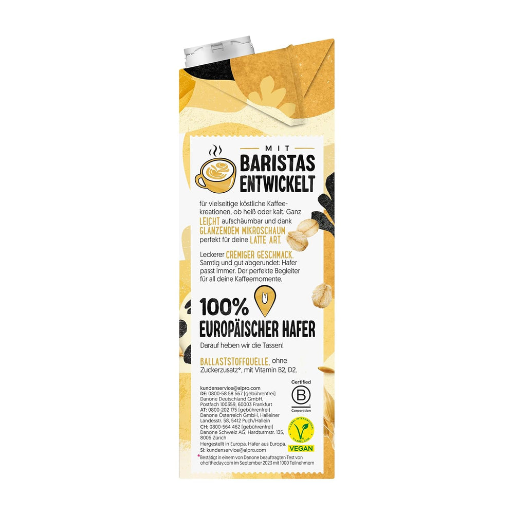 Alpro Barista Haferdrink – Zum Aufschäumen – Vegan und milchfrei – Von Natur aus lactosefrei – Rich an Ballaststoffen, Calcium und Vitaminen – 8 x 1 L – Haltbar