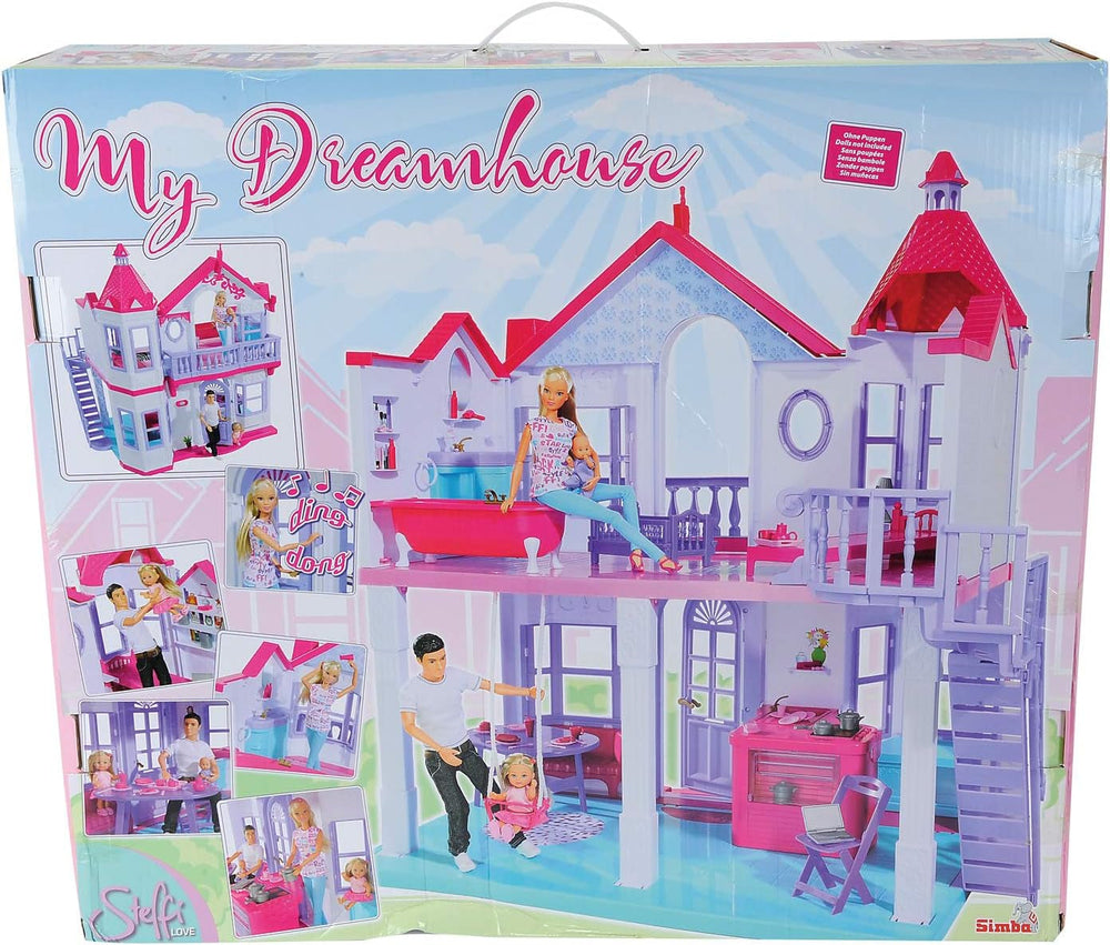 Simba 104661996 - Steffi Love Dreamhouse, duży domek do zabawy, 4 pokoje, BEZ LALEK, wysokość 84 cm, dwa poziomy, funkcjonalny dzwonek, składane domki dla lalek Naty Shop