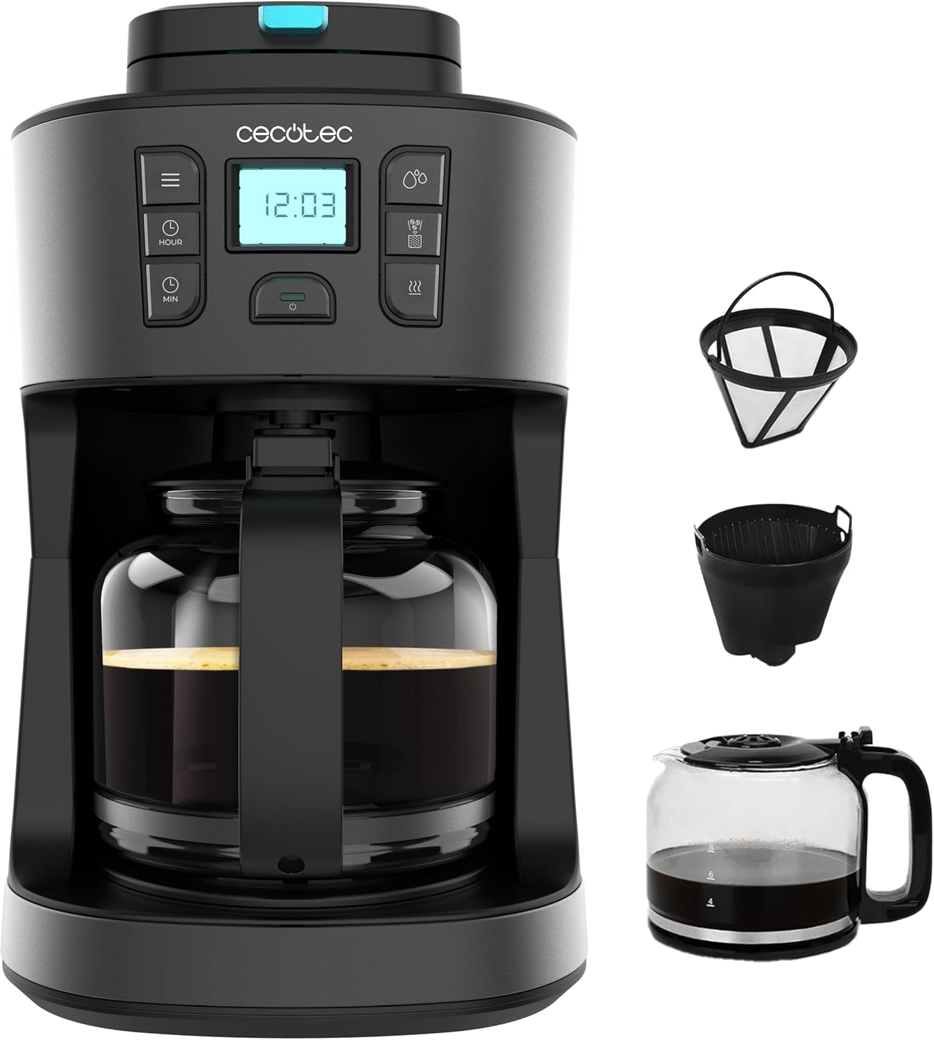 Cafetieră cu picurare Cecotec Coffee 66 Grind & Drop Essential. 1086 W, râșniță cu lame, până la 12 cești, tehnologie Extreme Aroma, digitală, oțel inoxidabil, cu oprire automată.