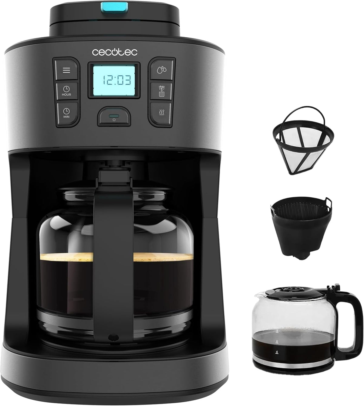 Cafetieră cu picurare Cecotec Coffee 66 Grind & Drop Essential. 1086 W, râșniță cu lame, până la 12 cești, tehnologie Extreme Aroma, digitală, oțel inoxidabil, cu oprire automată.