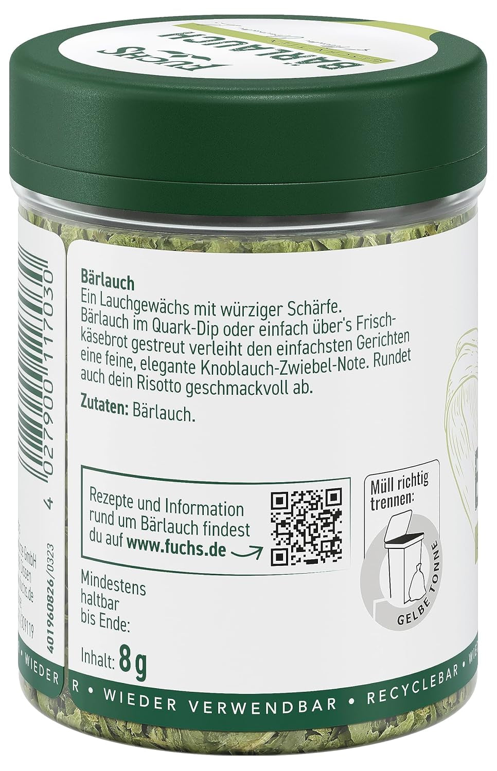 Fuchs Gewürze - Bärlauch geschnitten - würzige Schärfe für Quark-Dips, Frischkäse oder Risotto - naturalne składniki - 8 g w wiederverwendbarer, recyclebarer Dawka