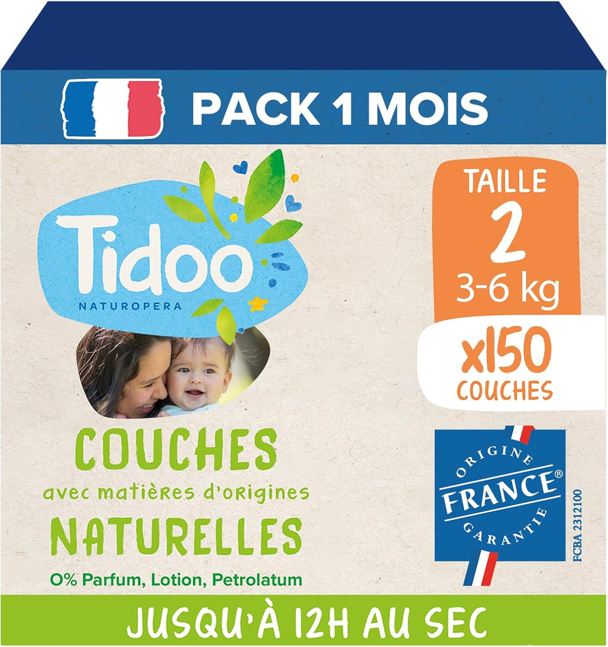 - Ökologische Diadeln, Größe 2 (3-6 kg) – natürlicher Ursprung, ohne Schadstoffe – 12 Stunden trocken, extrem saugfähig – hermestellung we Francji – 150 Einwegdiadeln – Opakowanie 1 miesiąc