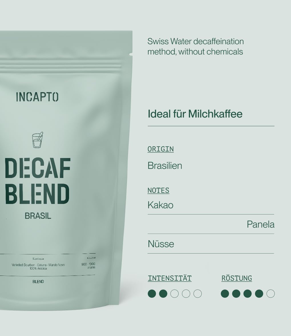 Incapto Ganze Entkoffeinierte Kaffeebohnen | Ohne Chemikalien | Mischung aus 100% Arabica-Kaffee aus Brasilien | Ungemahlen Espresso Bohnen | Swiss Water Decaf Coffee, Packung 500g