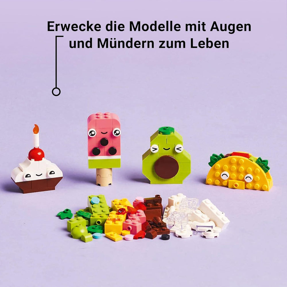 LEGO Classic Creative Snack Bauspaß, Spielzeug mit Essen für fantasievolle Rolenspiele, Bauset für Jungen und Mädchen ab 4 Jahren, Cupcake, Avocado, EIS am Stiel und Taco 11039