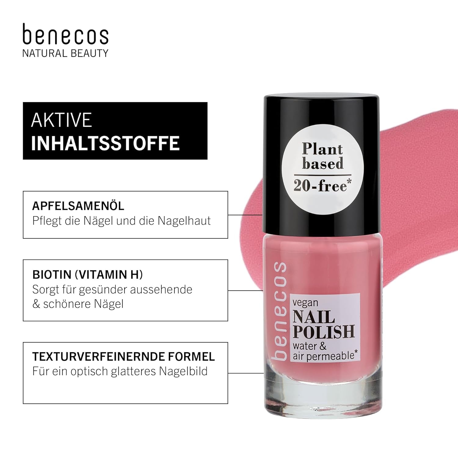 Benecos 20-Free Vegan Nail Polish Bubble Gum - ziołowy lakier do paznokci - szybkoschnący i długotrwały - przepuszczalny dla wody - wzbogacony biotyną - 5ml