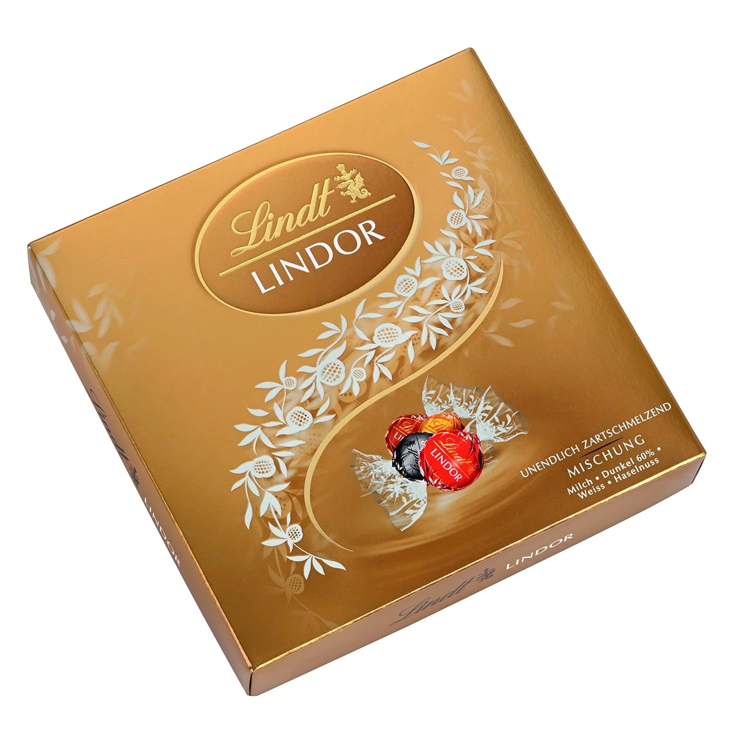Pudełko upominkowe Lindt LINDOR z różnymi czekoladkami, ok. 15 trufli LINDOR, 4 odmiany (czekolada mleczna, czekolada biała, czekolada gorzka 60% i orzech laskowy), 187 g