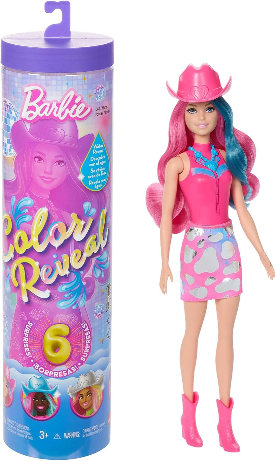Păpușă Barbie Color Reveal și accesorii cu 6 surprize, serie Disco Star cu strălucire metalică și top care își schimbă culoarea (stilurile pot varia), JCP01, 32 cm