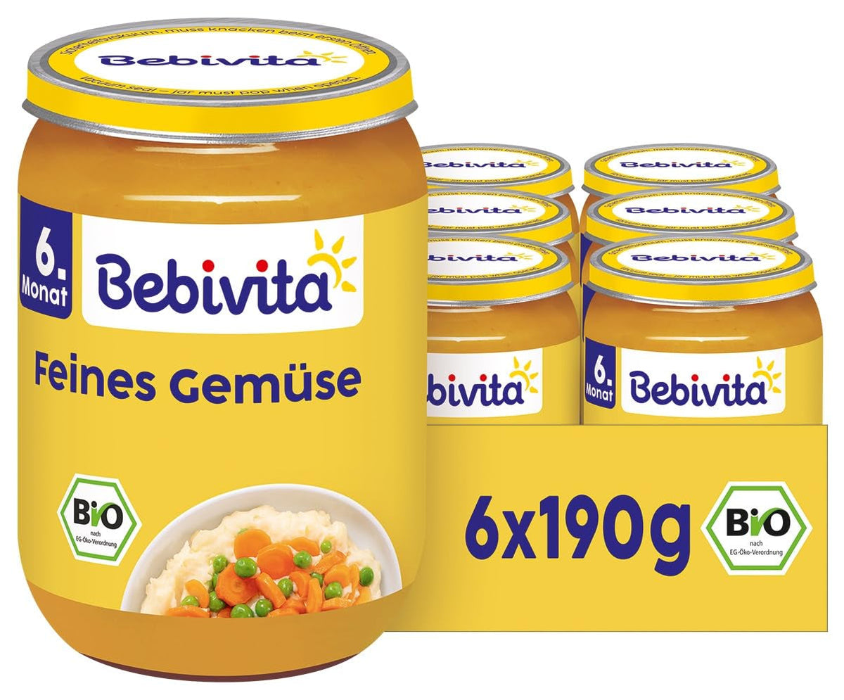 Legume fine organice (6 x 190g), de la 6 luni, fără sare adăugată, borcanul ideal de legume pentru începerea hrănirii complementare