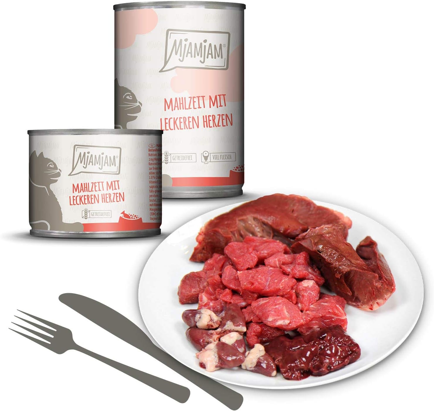 MjAMjAM - Hrană umedă premium pentru pisici - Pachet mixt I - Pui, Vită, Inimi, pachet de 6 (6 x 200 g), fără cereale cu carne suplimentară