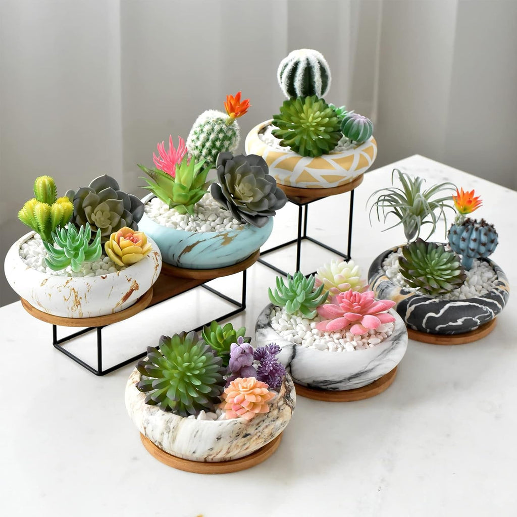 Ghivece mari pentru plante suculente cu farfurioare din bambus, jardiniere ceramice pentru cactus de 18,5 cm, ghivece rotunde pentru flori, recipiente pentru bonsai pentru grădină, birou, decorare birou
