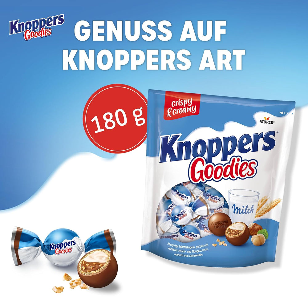 Knoppers Goodies Crunchy Minis – 1 x 180g – chrupiące kuleczki waflowe wypełnione kawałkami orzechów laskowych, mlekiem i kremem nugatowym, oblane czekoladą