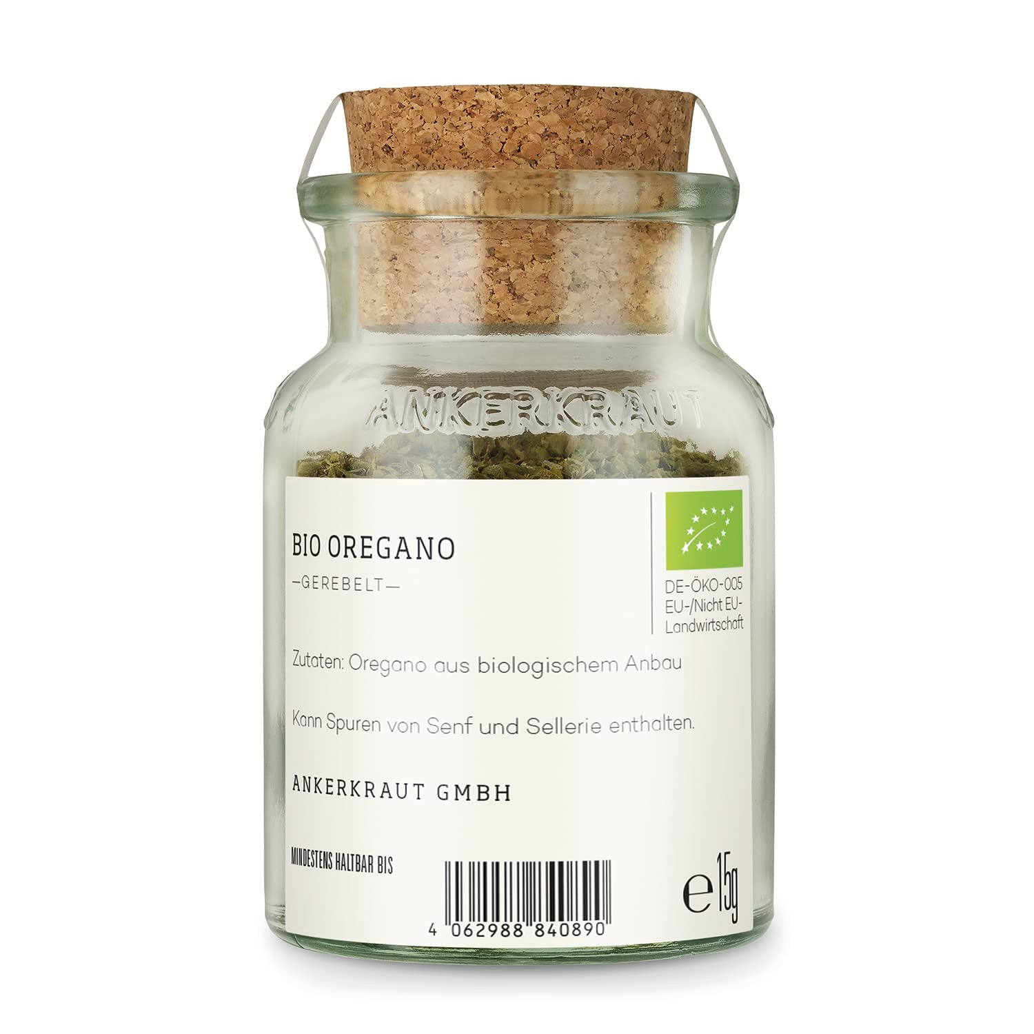 Ankerkraut BIO Oregano, gerebeltes Küchen-Kraut, 15 g w szkle korkowym, Bio-Qualität zum selber Sürzen, Gewürz mediterranean Küche für Pizza & Pasta