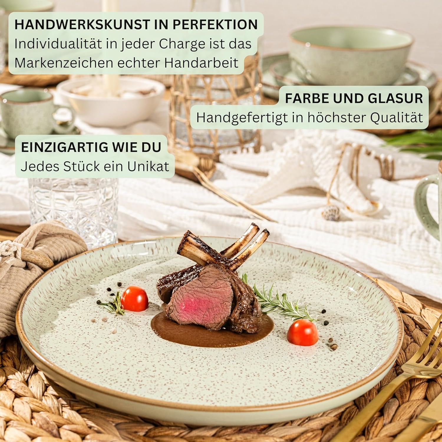 SÄNGER Rio Mint | Set de veselă din gresie pentru 6 persoane, 6 farfurii, 6 farfurii de desert, 6 boluri, verde mentă | COLECȚIA VALUE