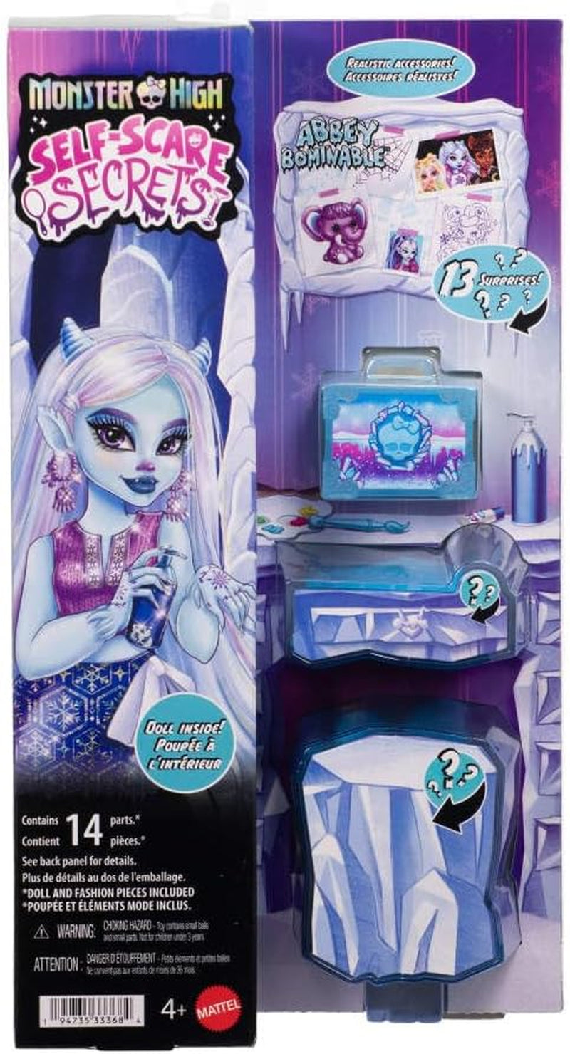 Păpușă Monster High Self-Scare Secrets Abbey Bombinable și set de accesorii cu 13 surprize realiste, cum ar fi henna, desene și croșetat, JHK44