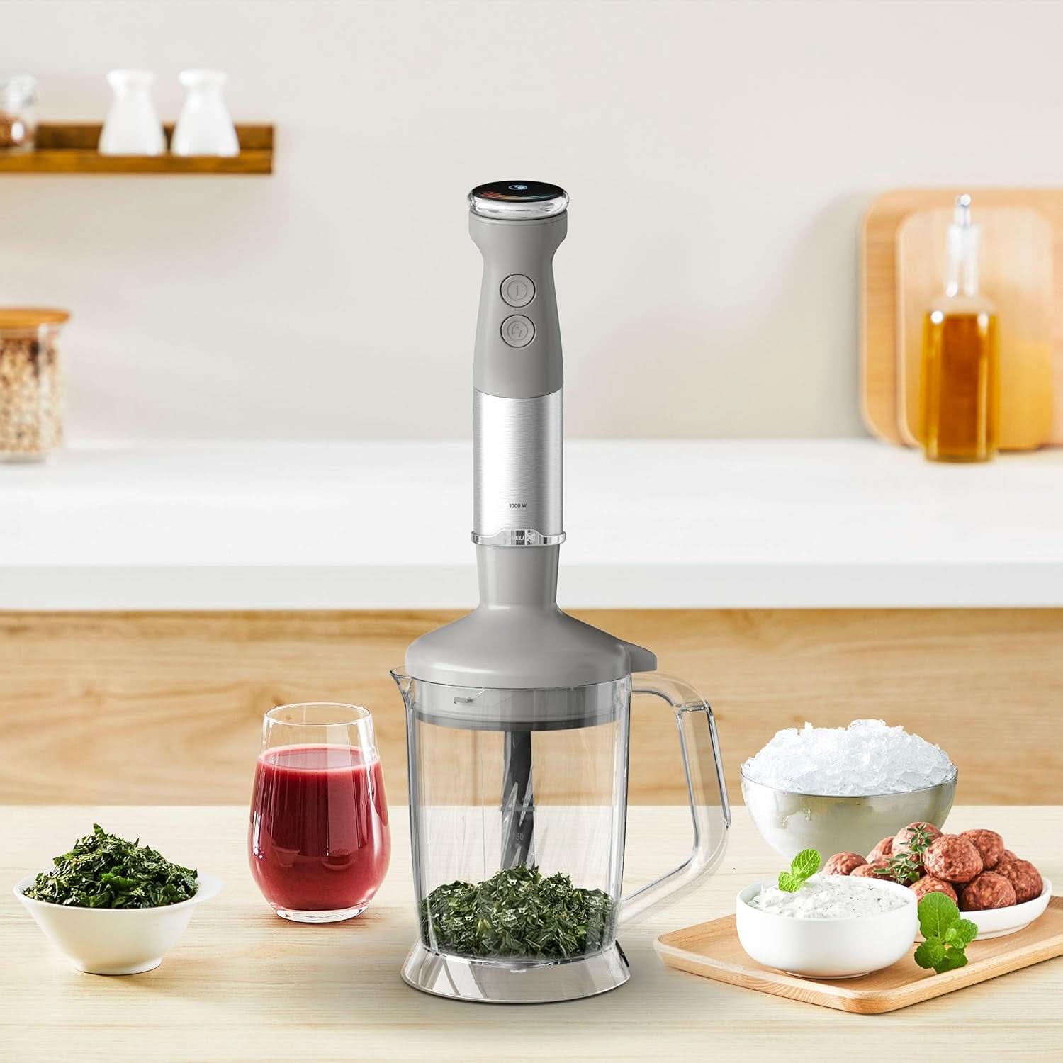 Tefal Quickchef+ 3-w-1 XL Stabmixer/Zerkleinerer/Schneebesen, 1000 W, Intuicyjny Geschwindigkeitsregelung, Turbo-Taste, Powelix-Messer-Technologie, Edelstahl, Grau, HB67MB30 Kitchen Naty Shop