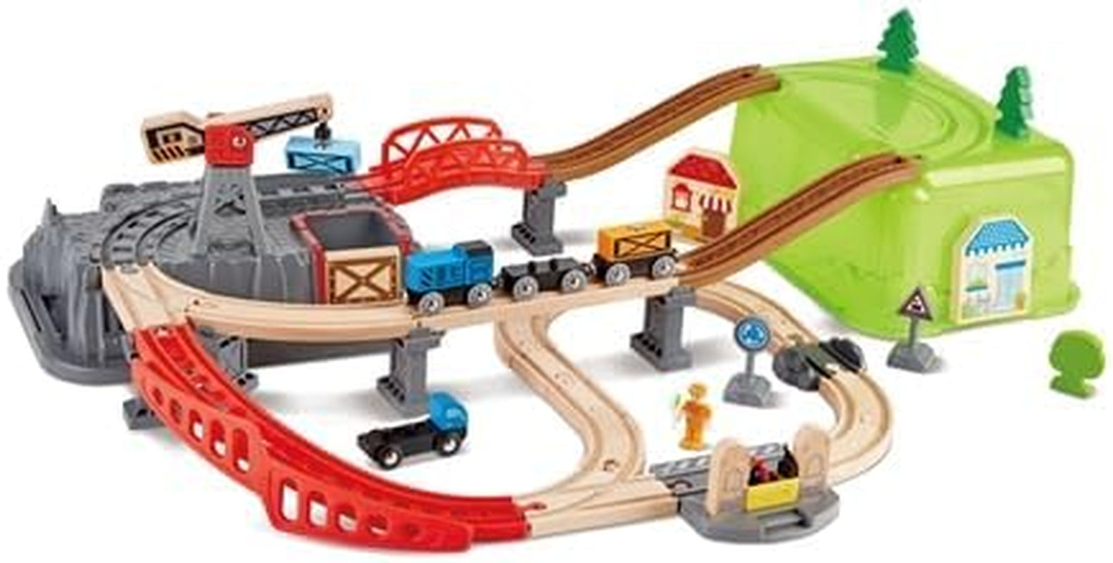 Hape Eisenbahn-Baukasten-Set - mit integrierter Lagerbox und Güterzug aus Holz, Bahn-Set mit Schienen, Brücken & Zubehör, Montessori-Spielzeug, Kreatives Bauen & Spielen, für Kinder ab 3 Jahren