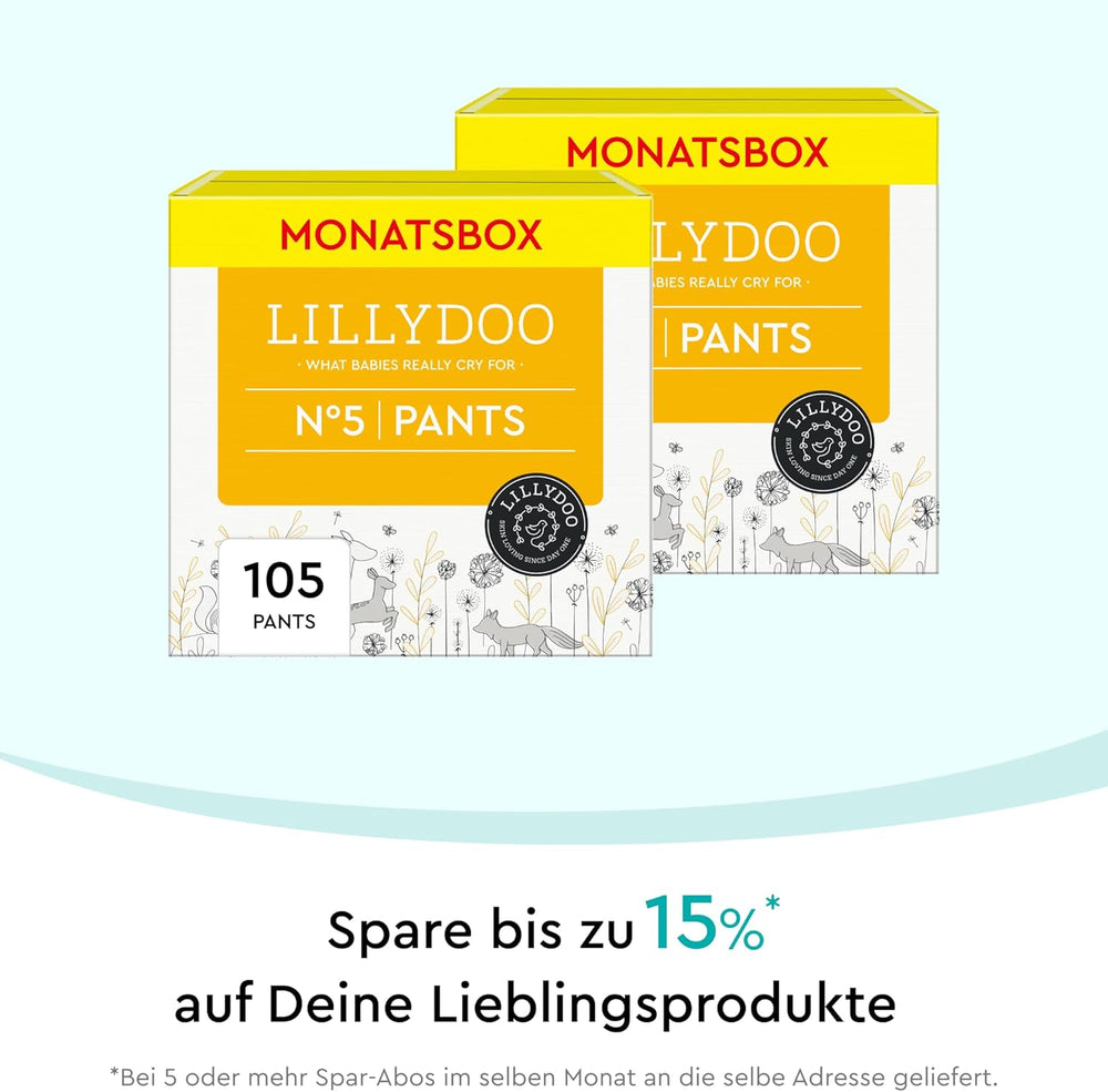 Spodnie LILLYDOO przyjazne dla skóry, rozmiar 5 (12-17 kg), opakowanie miesięczne (105 sztuk)