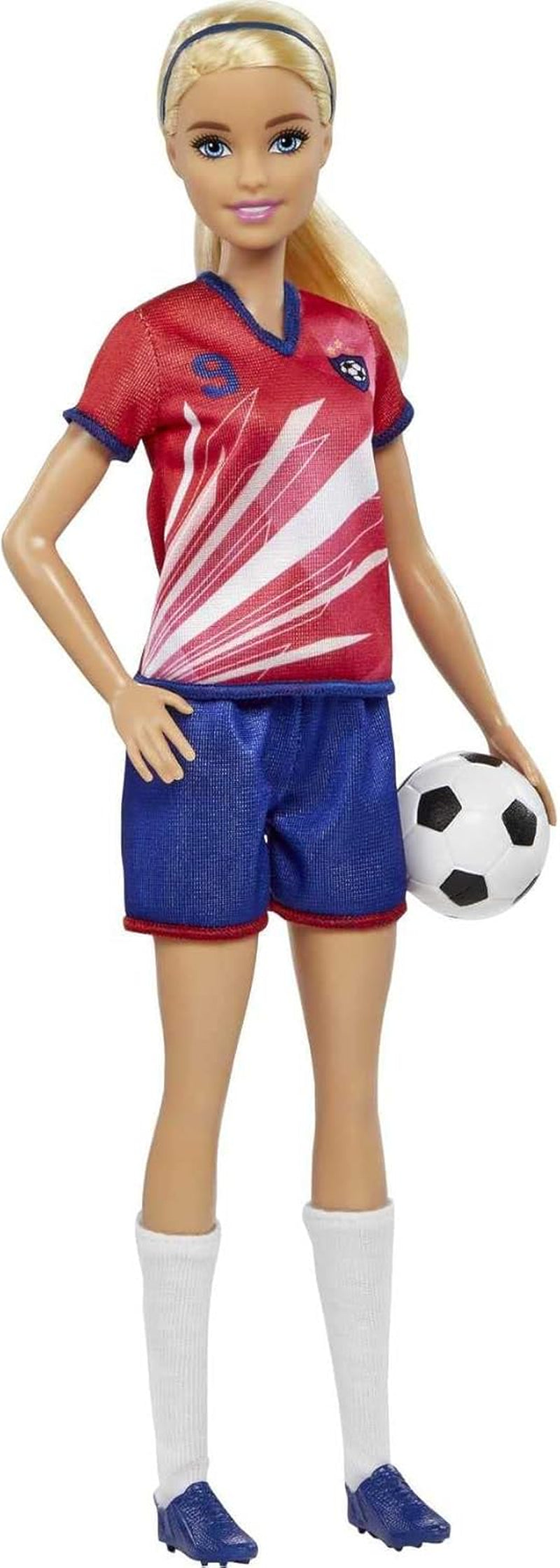 Seria Barbie You Can Be Anything, Jucătoare de fotbal, Jucătoare de fotbal cu păr blond, Tricou roșu și albastru, Minge, Accesorii, Păpușă inclusă, Cadou pentru copii cu vârsta de 3 ani și peste, HCN17