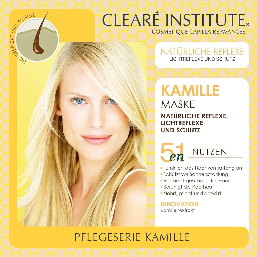 Clearé Institute | Mască cu mușețel | Hrănește, condiționează și descurcă | Strălucire și strălucire aurie | 97% ingrediente naturale | Calmează scalpul | Cu extract de mușețel |150 ml Masca de par Naty Shop