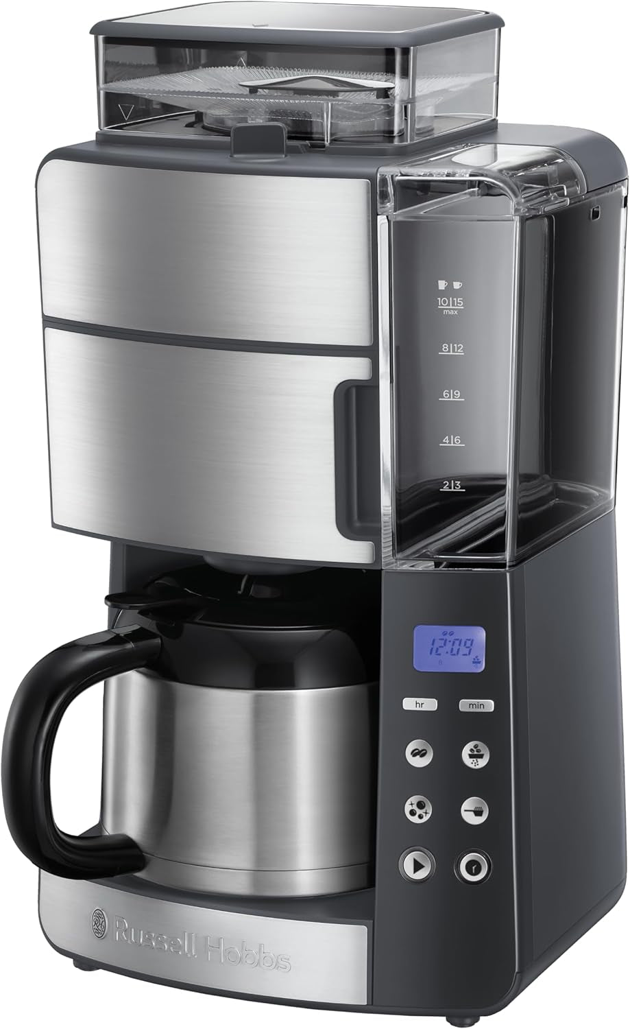 Cafetieră Russell Hobbs cu râșniță și carafă termică [temporizator digital, cap de duș pentru extracție și aromă optime] Grind&Brew (1-10 cești, 3 setări de măcinare) Cafetieră cu filtru 25620-56